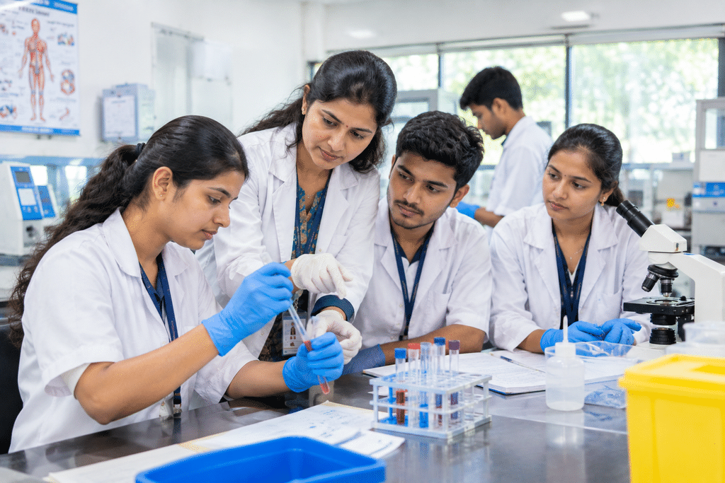 Indian paramedical students receiving practical healthcare training